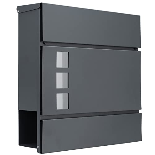 MONZANA® Briefkasten Design Stahl mit Zeitungsfach Sichtfenster 2 Schlüssel Zeitungsrolle Wandbriefkasten Anthrazit