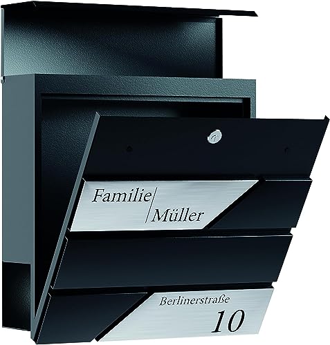 Bl4ckPrint Premium Briefkasten mit Zeitungsfach Anthrazit - Postkasten personalisiert mit Familienname Straße und Hausnummer - hochwertiger...