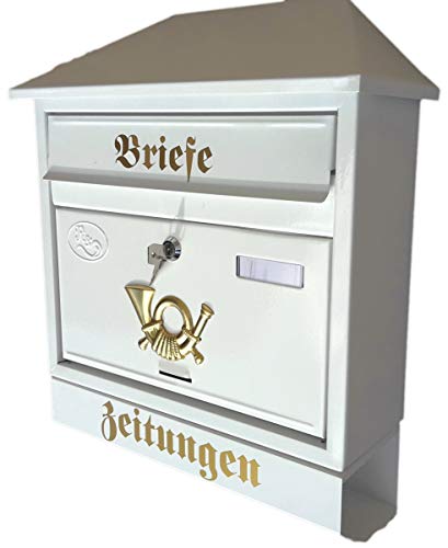 Großer Briefkasten/Postkasten XXL Weiß mit Zeitungsrolle Schrägdach Trapezdach
