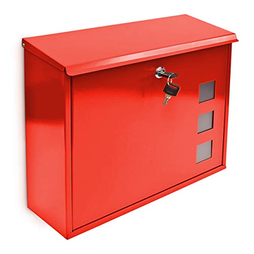 Relaxdays Briefkasten, Dekor-Fenster, 2 Schlüssel, Montagematerial, 33 x 34,5 x 10,5 cm, Metall, Postkasten, rot